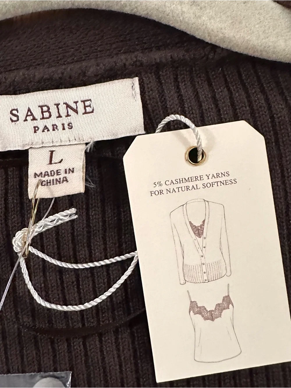 Sabine Brown Ribbed Cardigan with Black Lace-Trim Cami